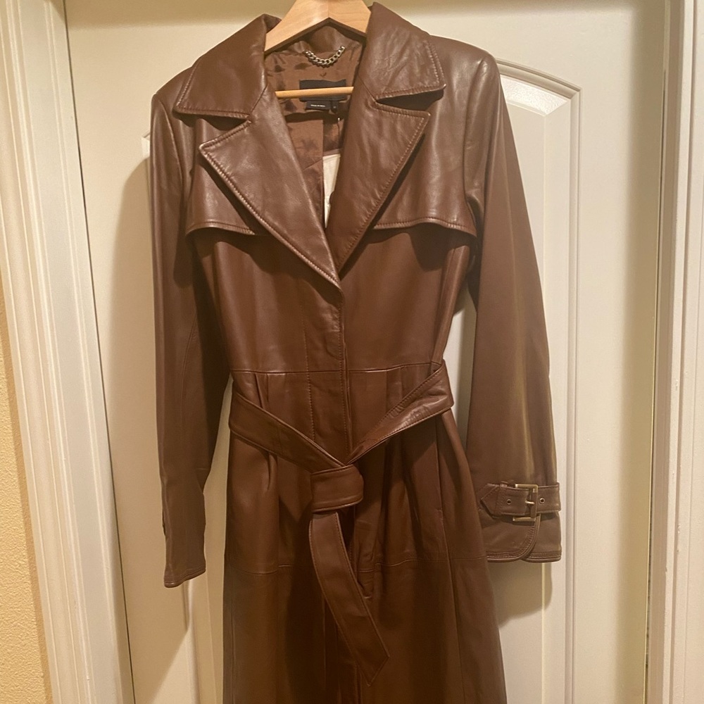 BCBG MaxAzria Brown leather trench coat, belted with pleated back size 12